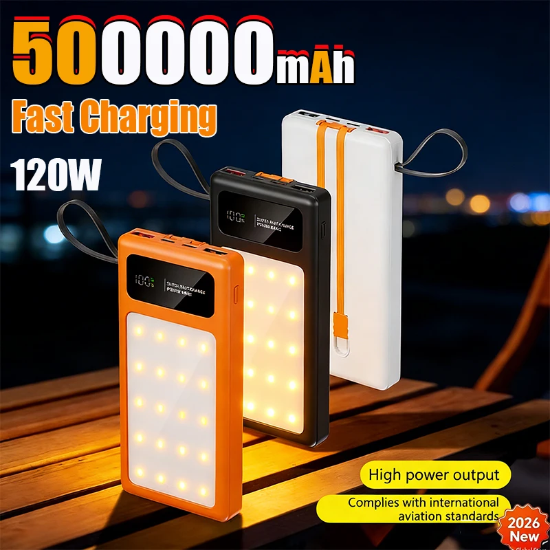500000mAh Outdoor LED Campinglampe Powerbank 120W Schnellladung Große Kapazität Akku Eingebaute USB-Kabel für Outdoor-Camping
