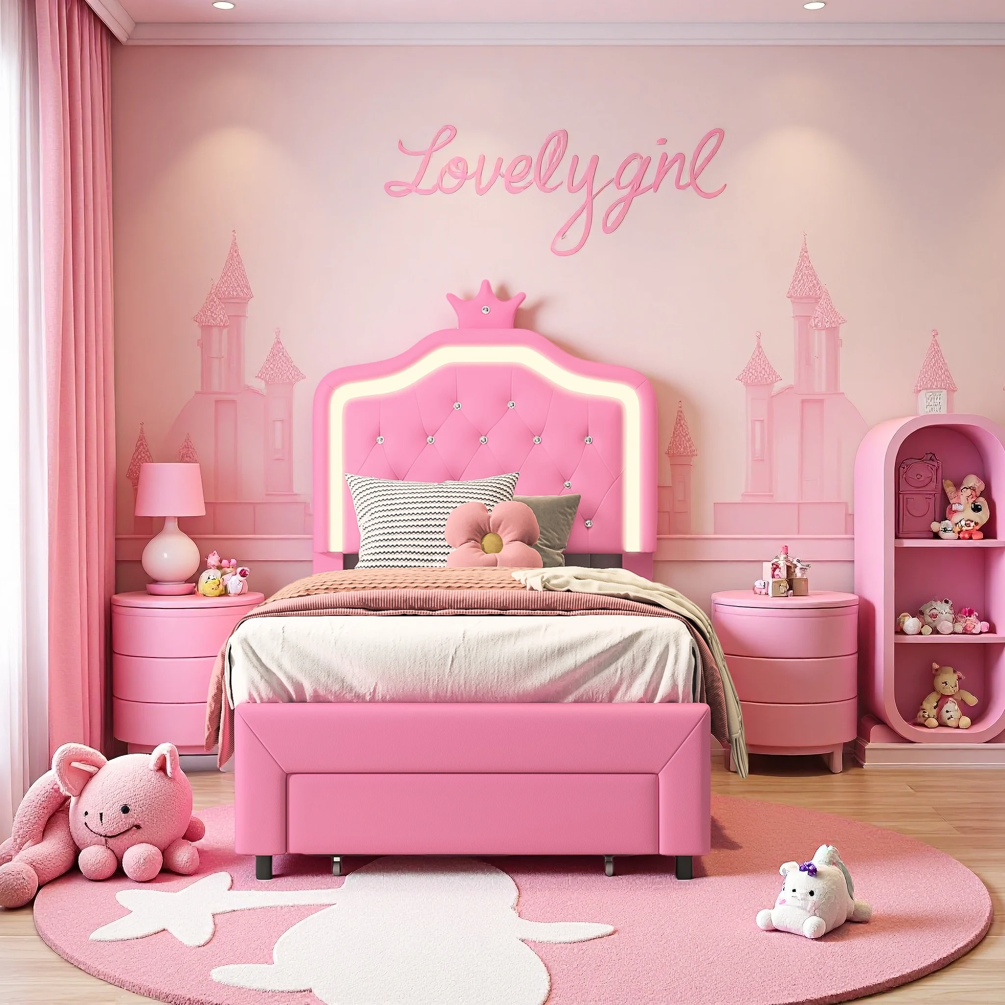 Rosahqnda Polsterbett für Kinder 90x200 cm, Einzelbett mit Schubladen und höhenverstellbarem Kopfteil in Kronenform Image