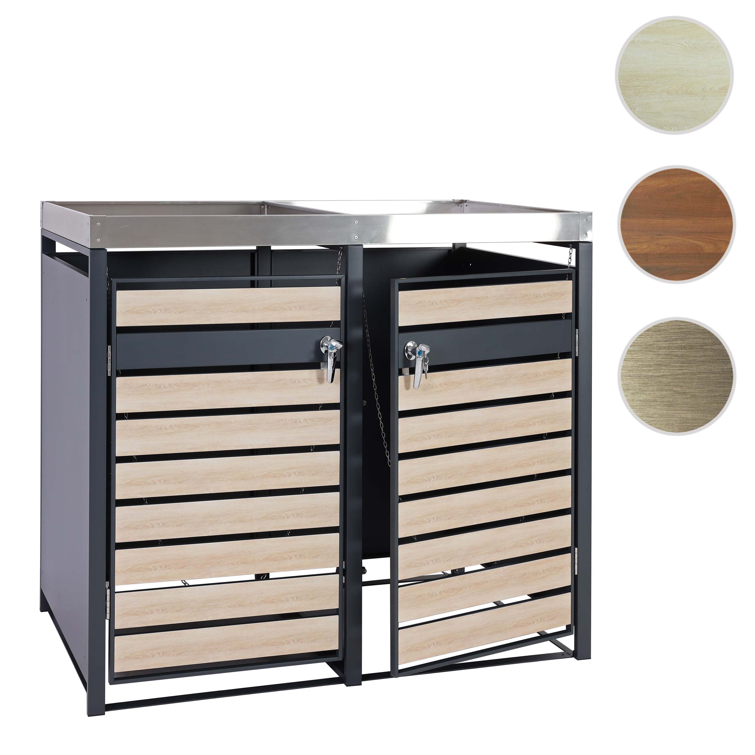 2er Mülltonnenverkleidung mit Pflanzkasten HWC-J81, erweiterbar, 125x132x80cm Metall 47kg, anthrazit ~ Kirsche-Holzoptik Image