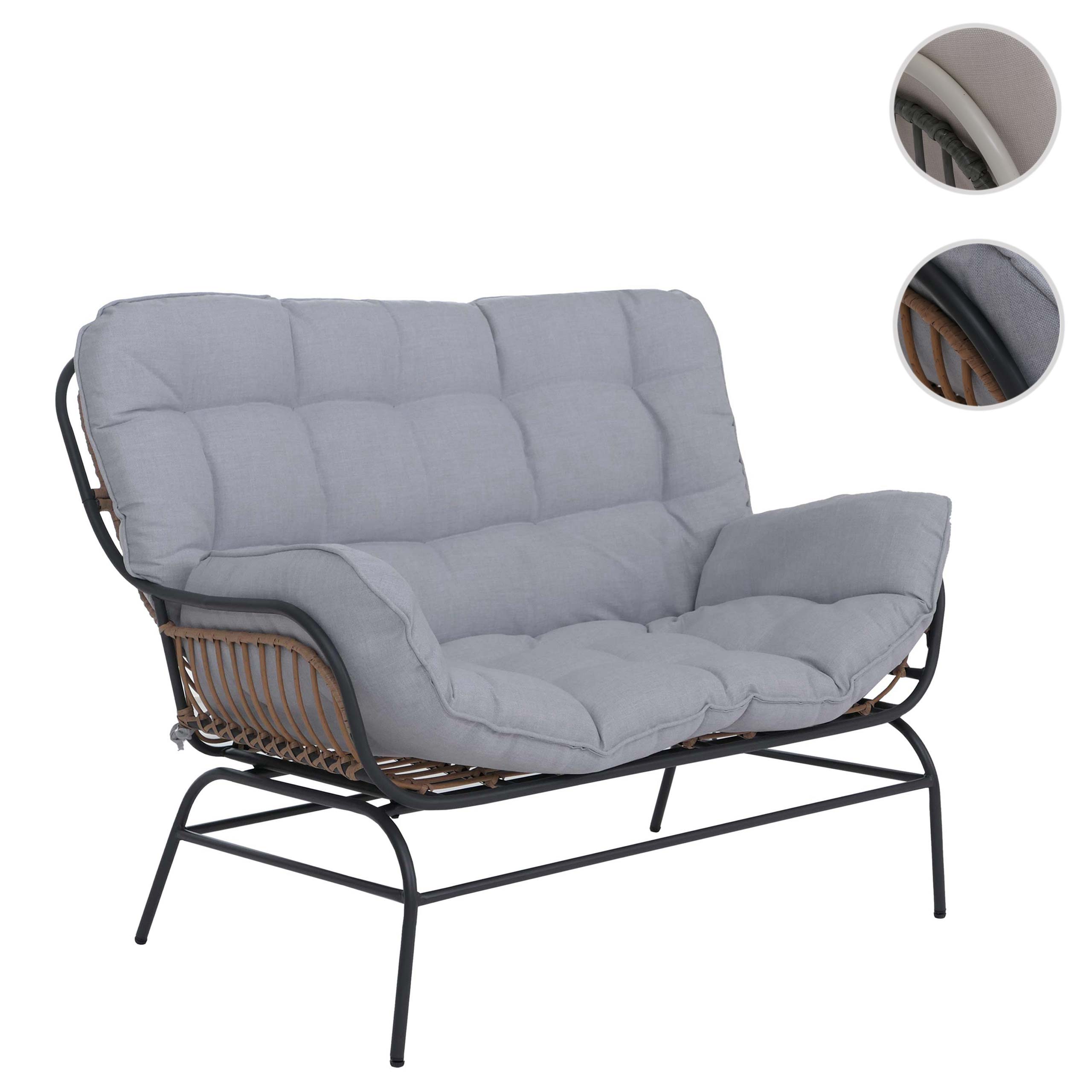 2er-Sofa HWC-P75, Gartensofa Gartenbank Couch 2-Sitzer, Stoff 220g/m² Poly-Rattan Metall ~ dunkelgrau, Polster hellgrau Image