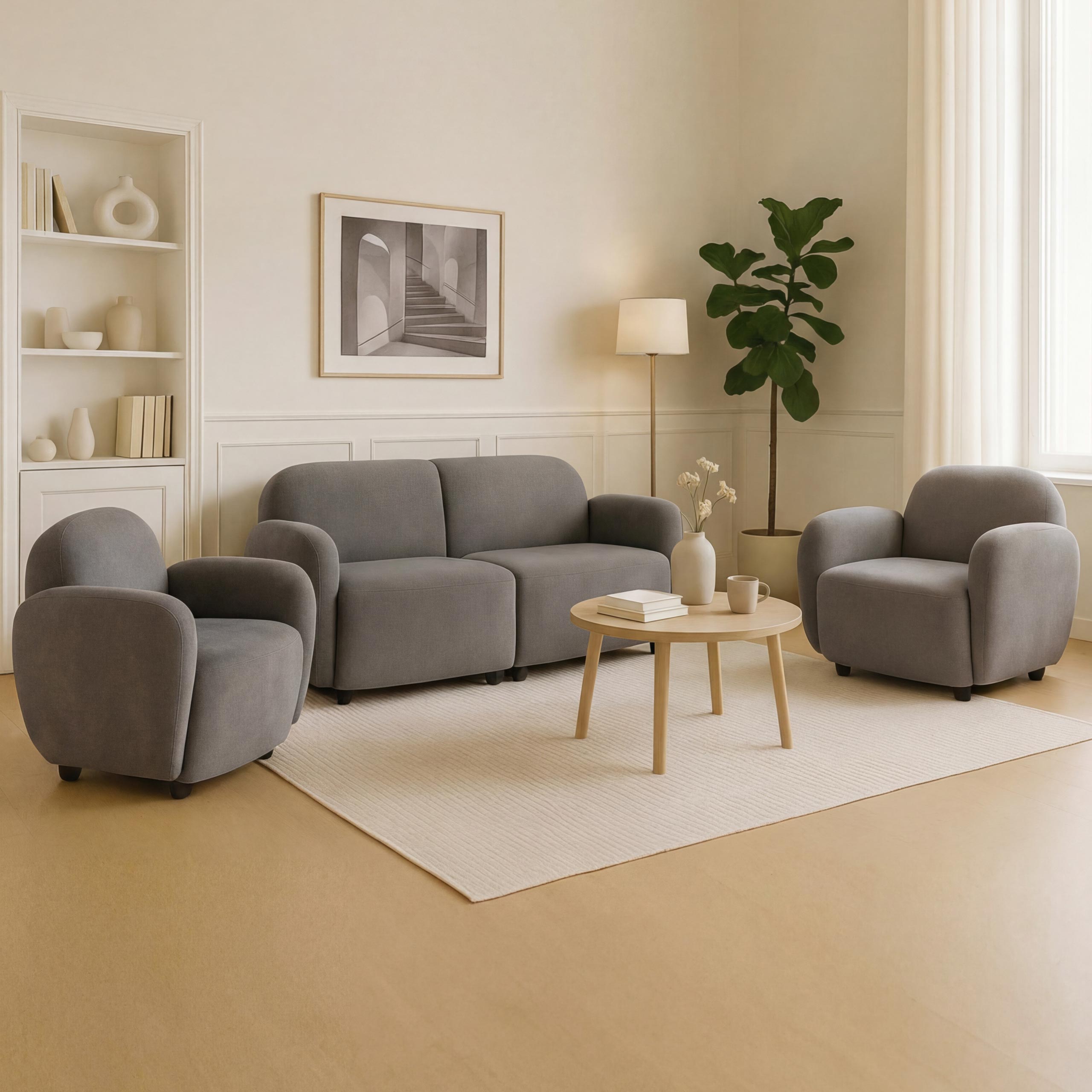 Wohnzimmer-Set HWC-P33, 2er-Sofa 2x Sessel, Stoff/Textil Chenille (330 g/m²) Öko-Tex ~ hellgrau Image