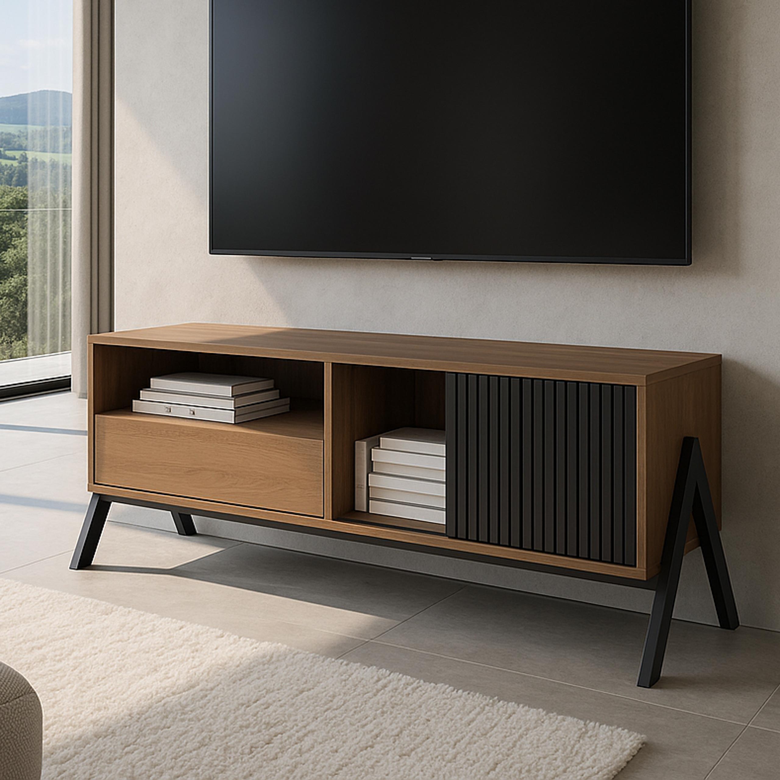 TV-Rack HWC-O40, Lowboard TV-Schrank Schiebetür Staufächer Schublade, MDF Metall Melamin 49x120x40cm ~ natur
