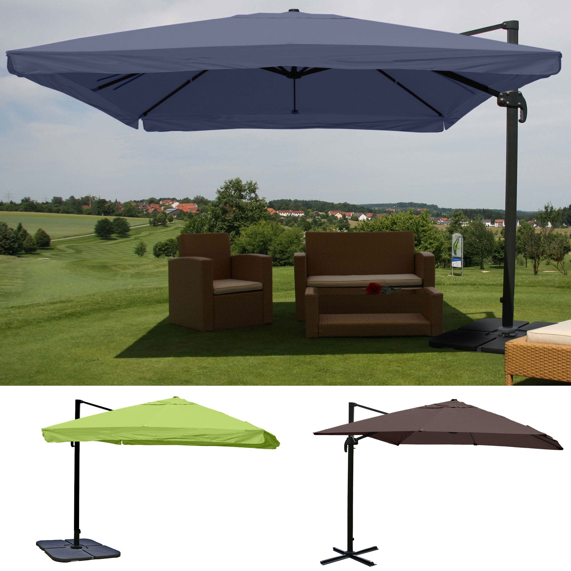 Gastronomie-Ampelschirm HWC-A96, 3x3m (Ø4,24m) Polyester Alu/Stahl 23kg ~ Flap, creme-grau mit Ständer, drehbar Image