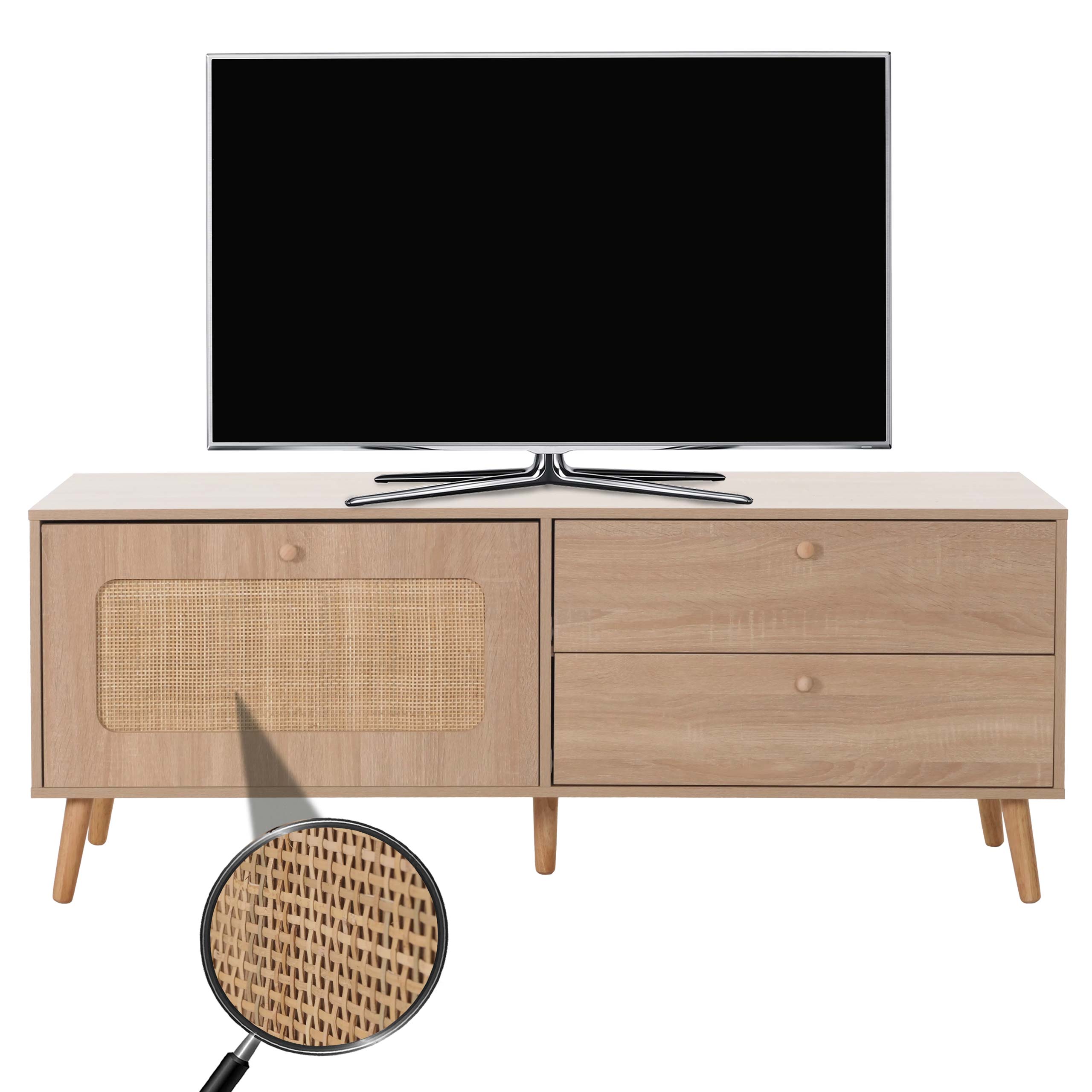 TV-Rack HWC-M38, Lowboard Fernsehtisch TV-Schrank Kommode, Schublade Türe, Kubu Rattan Holz 56x140x41cm Eiche-Optik