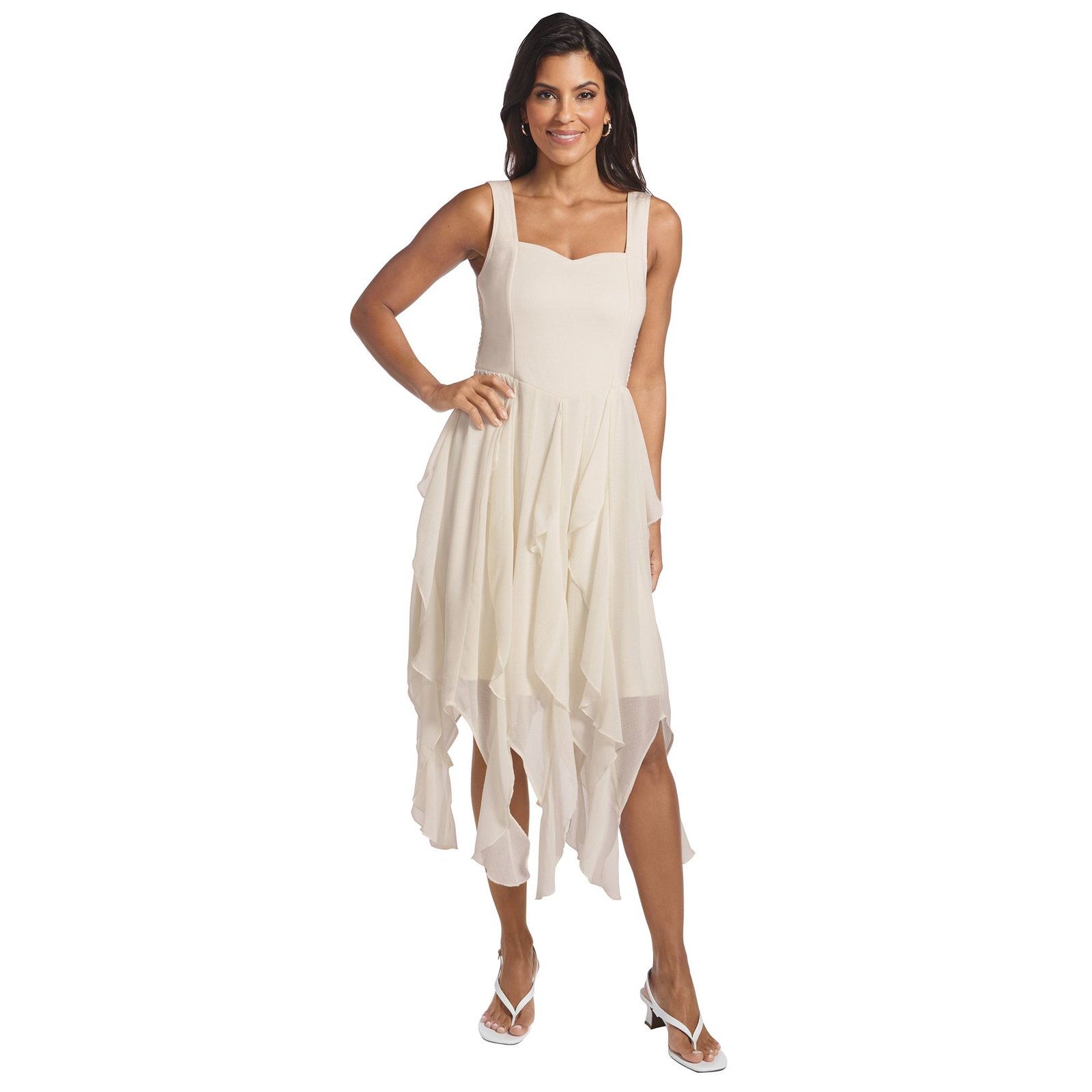 Masseys Daydream Ruffle Dress (Size L) Ivory, Polyester,Spandex