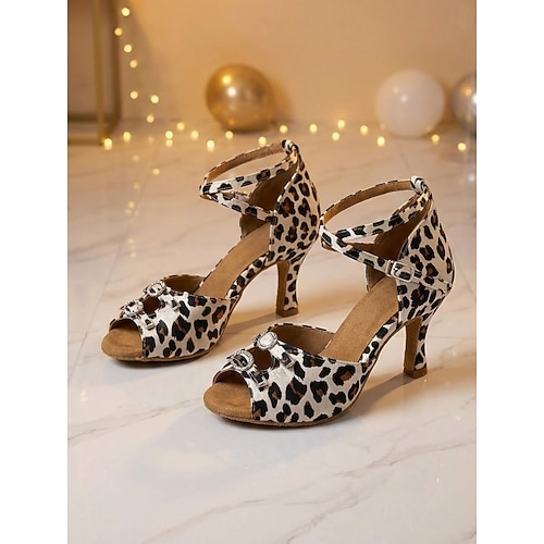 Professionelle Lateintanzschuhe für Damen – Tanzschuhe mit Leopardenmuster und Absatz für Wettbewerbe und formelle Tanzveranstaltungen Image