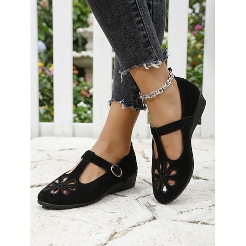 Schwarze Mary-Jane-Ballerinas aus Wildlederimitat mit floralem Ausschnitt – bequeme Freizeitschuhe für Damen, ideal für Büro, Alltag, Reisen und Partys Wochenendausflüge Image
