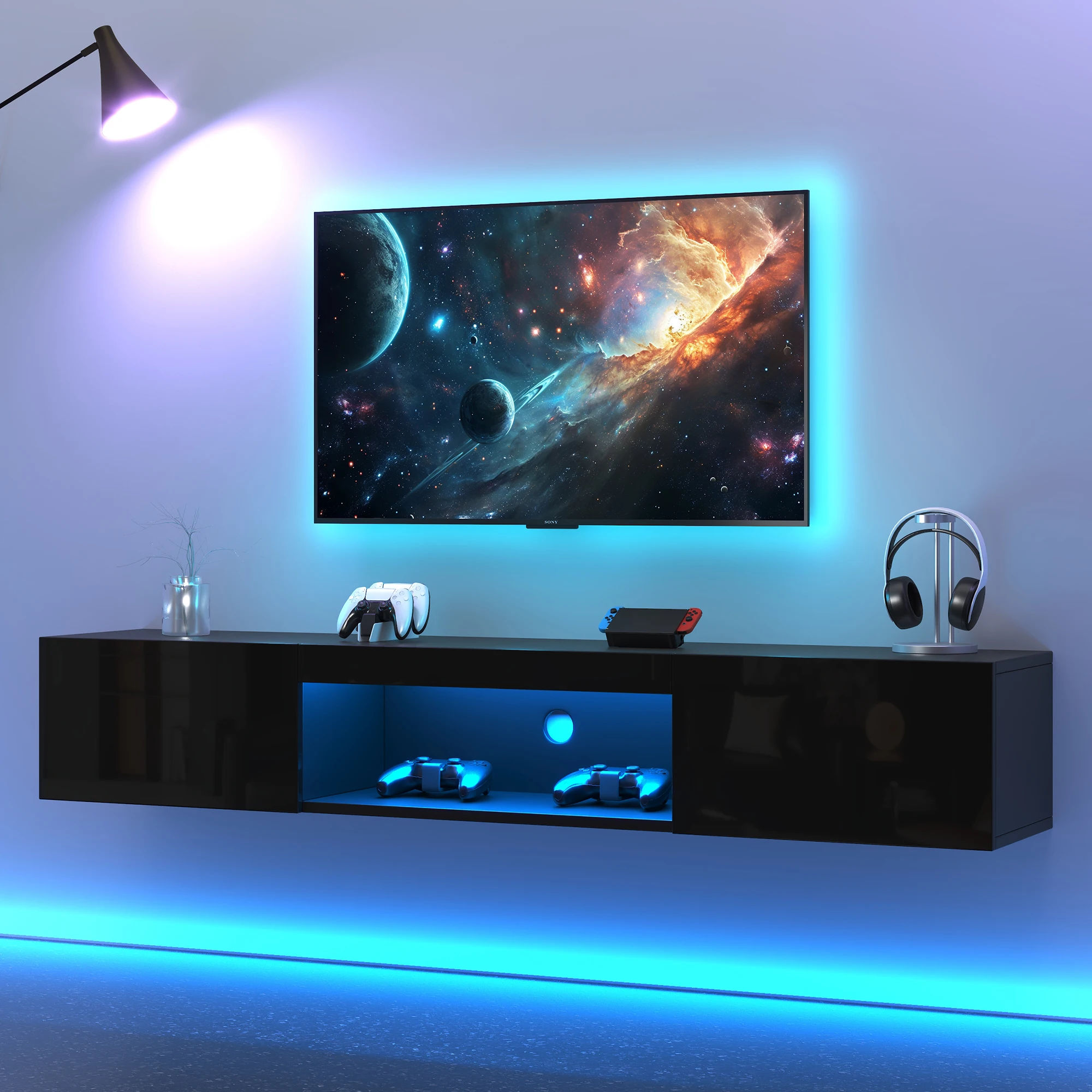 Meuble TV mural brillant 160*31*22cm avec éclairage LED, meuble bas, table TV, meuble TV, commode TV