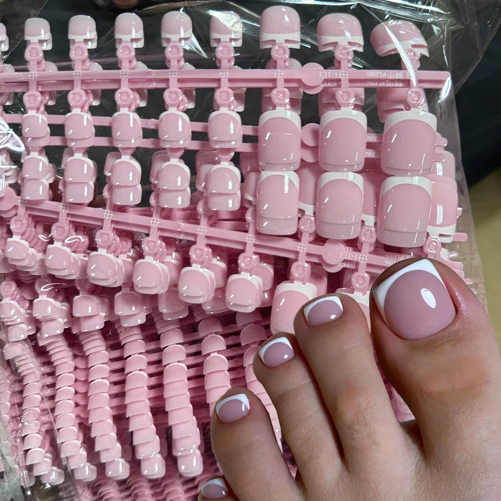 120 pezzi punte per unghie finte quadrate corte rosa gel morbido francese stampa sulle unghie dei piedi bordo bianco unghie finte punta del chiodo della punta della copertura completa