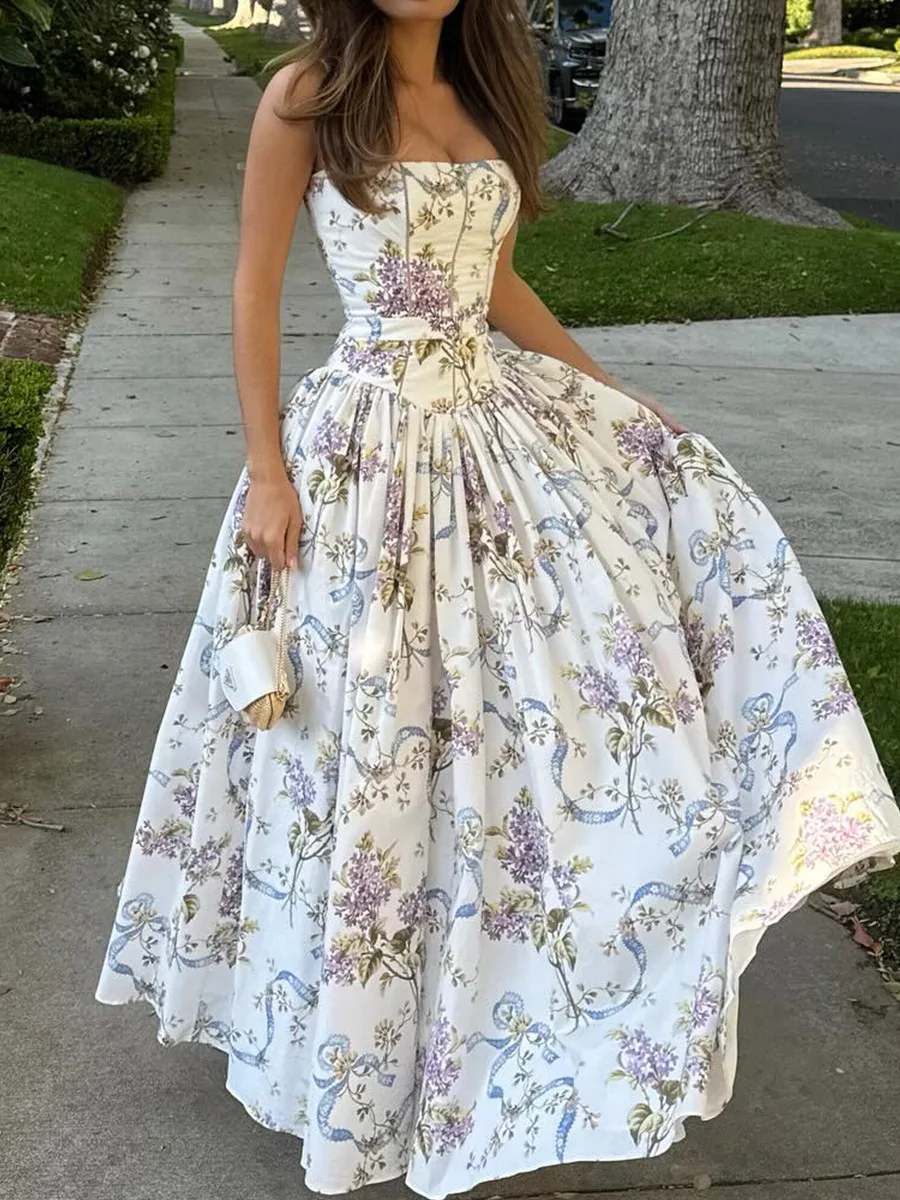 Abito lungo floreale sexy da sole Abito estivo scavato da donna Bretelle a vita alta Abiti maxi Donna 2025 Festival estivo giallo Nuovo