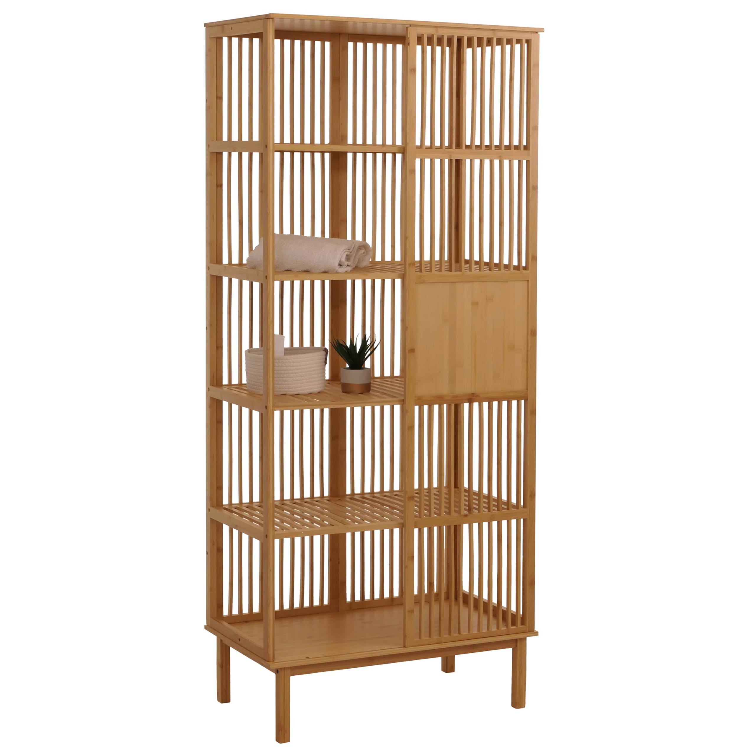 Bambus Standregal HWC-N81, Badezimmerschrank Badschrank Badregal Kommode, 5 Regalböden Schiebetür FSC® 186x80x45cm Image