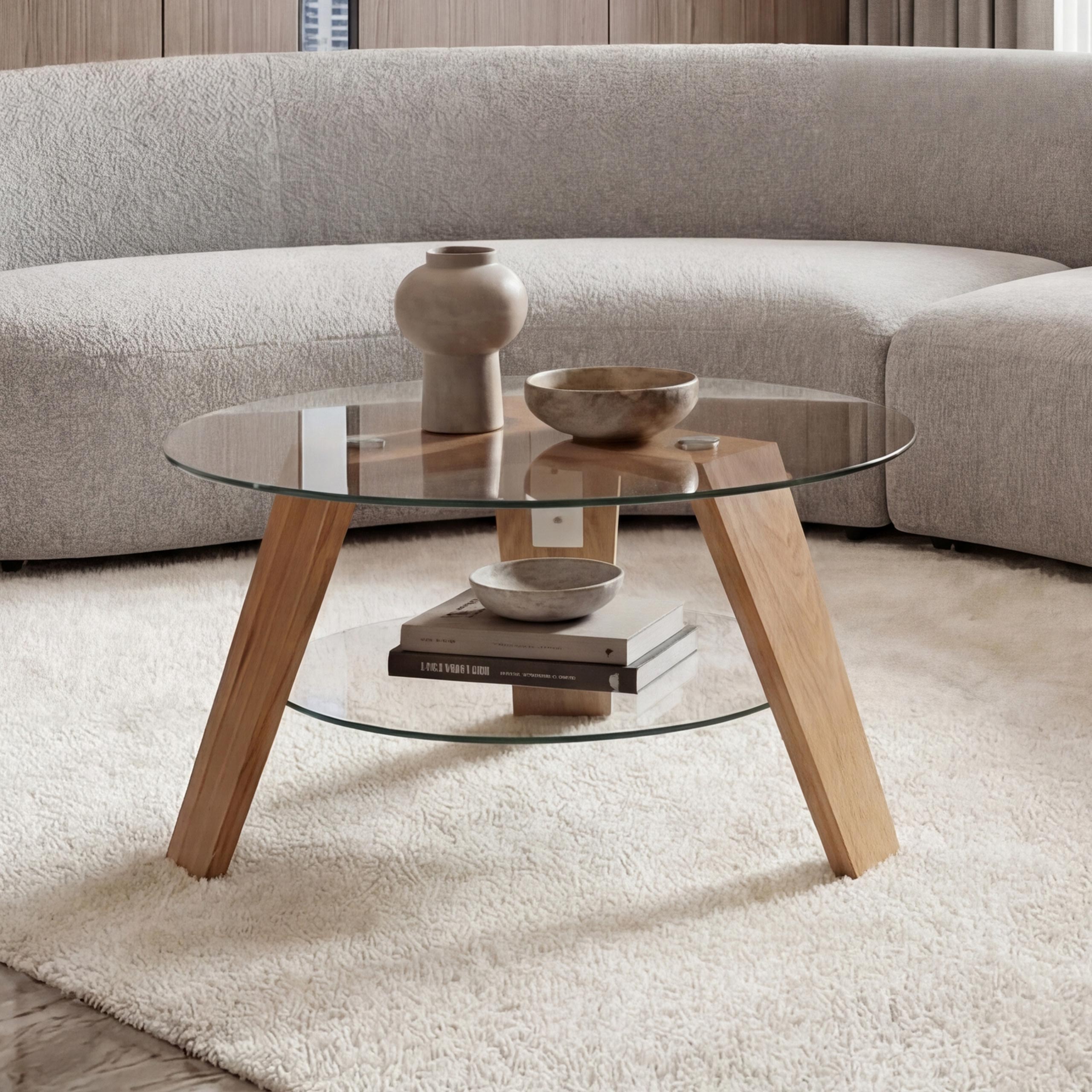 MCA Couchtisch HWC-P59, Beistelltisch Kaffeetisch Wohnzimmertisch, Massiv-Holz Glas rund Ø 75cm, Eiche Image