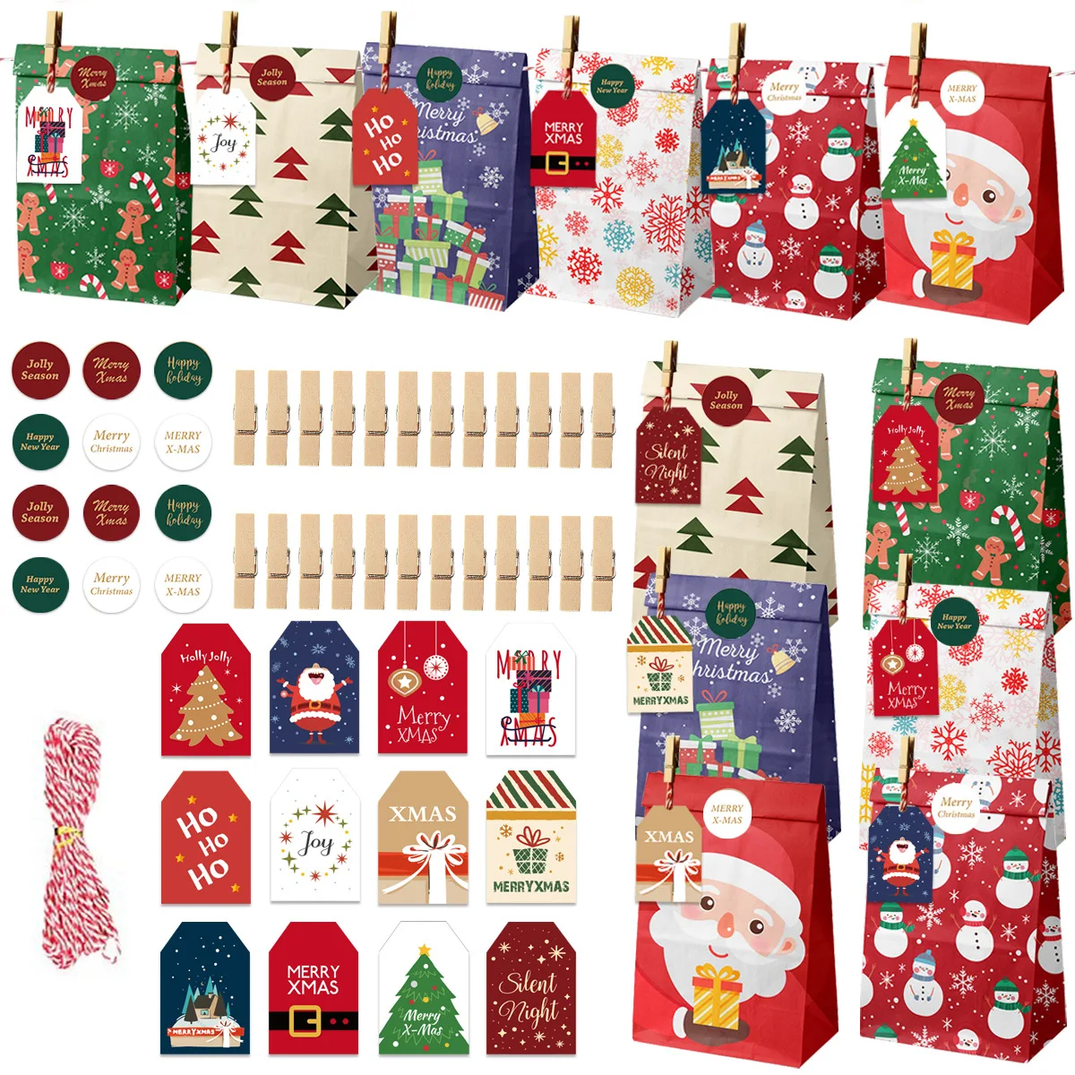 12/24 stücke Weihnachten Geschenk Taschen Kraft Papier Tasche Süßigkeiten Cookie Verpackung Tasche Weihnachten Advent Kalender Digitale Aufkleber Verpackung Liefert Image