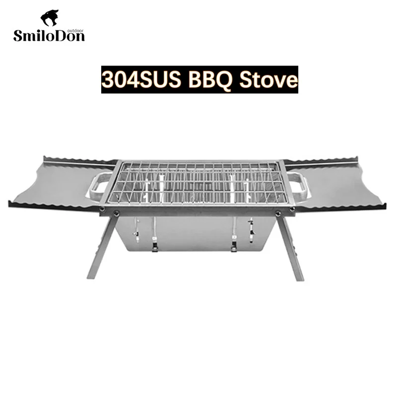 SmiloDon Camping-Grillofen, zusammenklappbarer Holzkohlegrill, verstellbare Ofen-Kohlenstoffplattenhöhe, Edelstahl, sofort erweitern Image