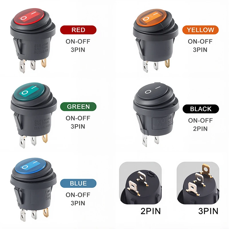 Ein Aus Wasserdichter Fahrzeug-Boot-Schalter Runder Schalter SPST 3-poliger Wippschalter 6A 10A 250V 125V AC LED Image