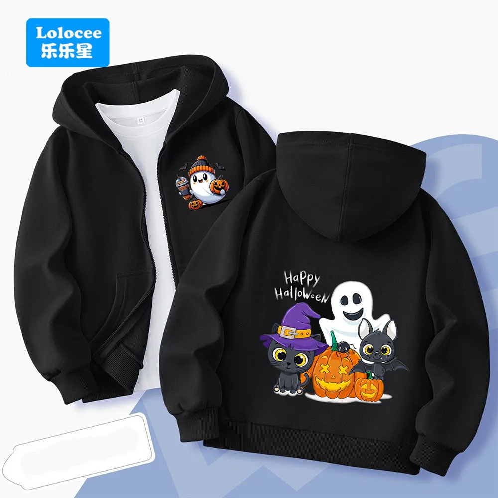 Halloween Kinder Grafik Reißverschluss Hoodie Geister Kürbis Druck Klassischer Pullover Urlaub Mode Hoodies Dünne Jacke Mantel WSJBF1 Image