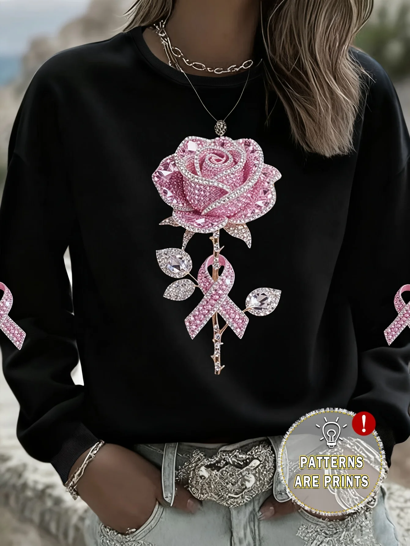 Women's Casual Round-Neck Sweatshirt Featuring a Gemstone Flower Pattern Print, Designed in a Regular Fit Women'S Apparel