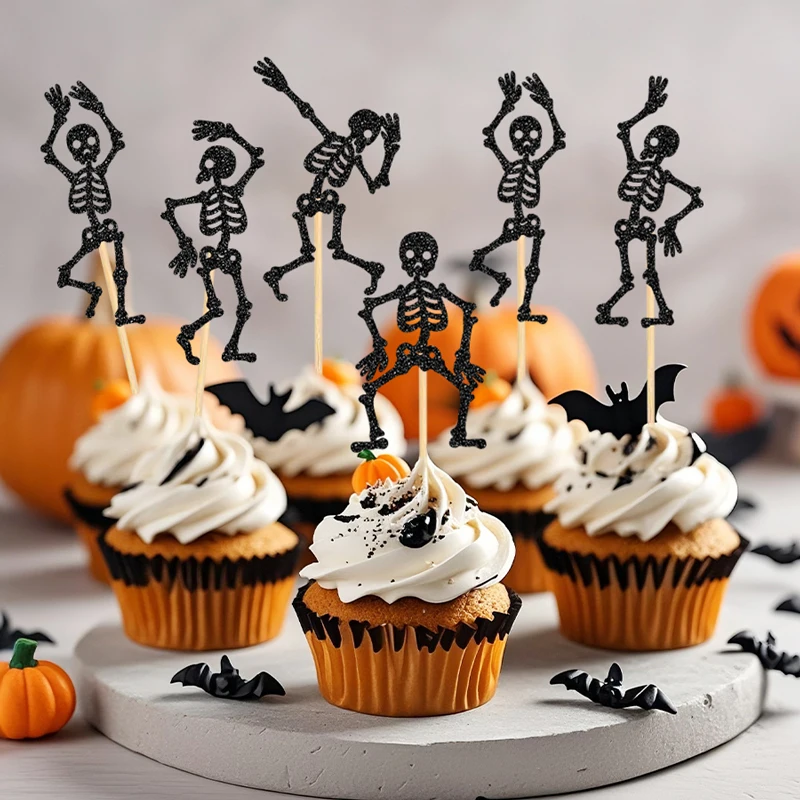 YOMDID 25 Stück Halloween-Schädel-Cupcake-Topper, Totenkopf-Tanz-Cupcake-Picks, Happy Halloween-Thema, Geburtstagsfeier, Cupcake-Dekorationen Image