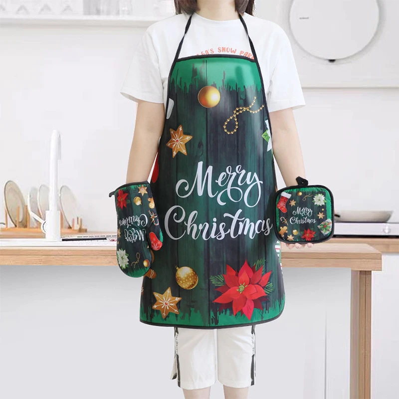Weihnachts küche heiße Ofen handschuhe Schürze Set Anti-Hot Mikrowelle Handschuhe Pad Isolier matte Weihnachts dekoration Kochen Backwerk zeug Image