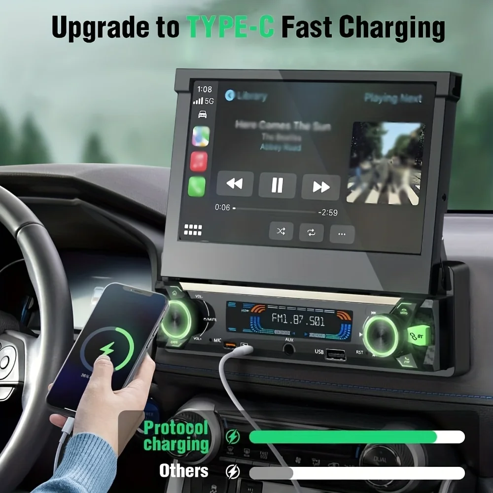 7-Zoll 1 Din einziehbarer motorisierter ausklappbarer Touchscreen-Autoradio Android Auto & CarPlay MP5-Videoplayer FM-Radio USB/TF/AUX Image