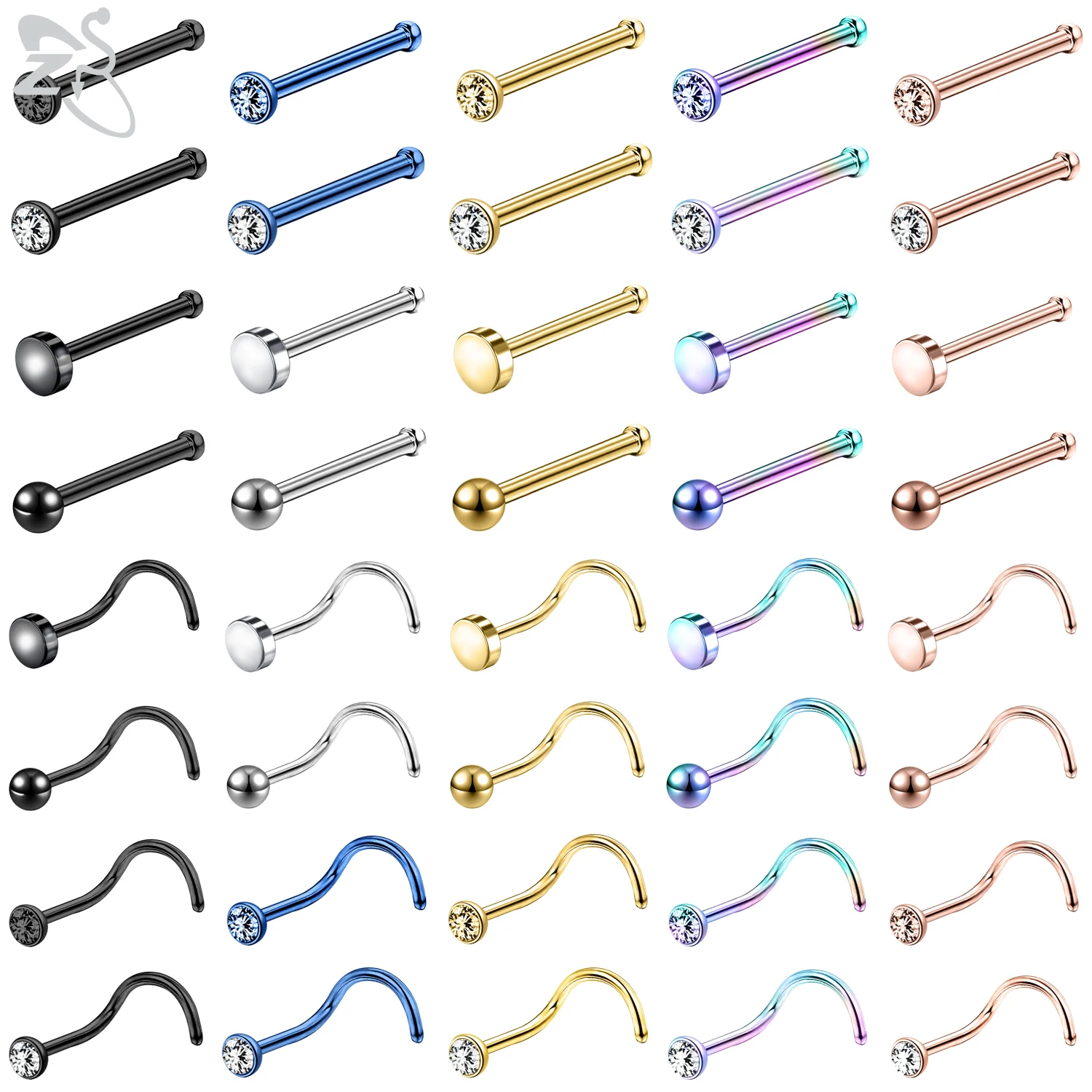 ZS 1PC 20G Edelstahl Nase Piercing Bunte CZ Kristall Nase Bolzen Schraube S-Form Retainer 3MM Nasenloch Piercing Schmuck Image