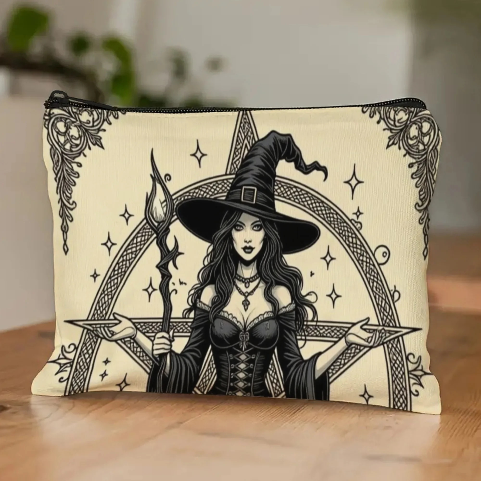 Halloween Vintage Witch Mystical Kosmetiktasche, schwarze Hexe mit Pentagramm und Sternen-Aufdruck, beige Organizer-Tasche für okkulte Liebhaber