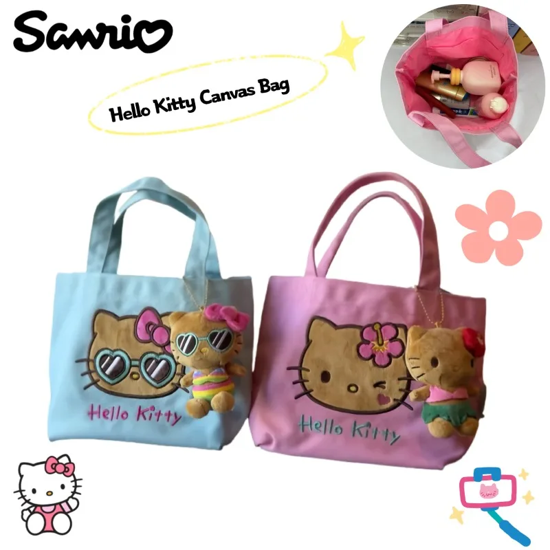 2025, neue Hello Kitty Commuter bestickte Canvas-Tragetasche mit farbblockierendem Kawaii-Cartoon-Design, tragbare Aufbewahrungshandtasche für den Außenbereich Image