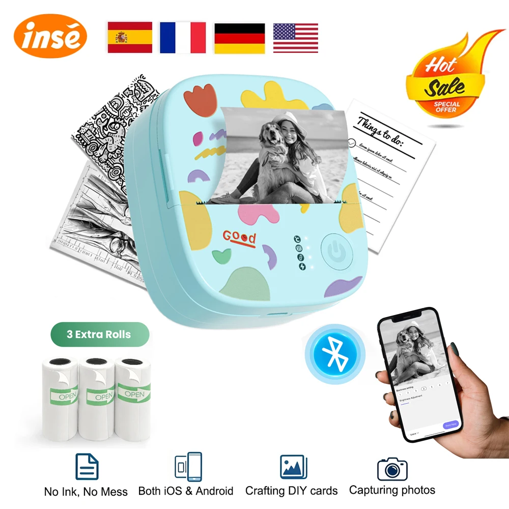 Tragbarer Mini-Thermodrucker, kabelloser BT-Taschen-Etikettendrucker, tintenloser Printpod-Aufkleberdrucker, Fotodruck mit 3 Rollen Papier Image