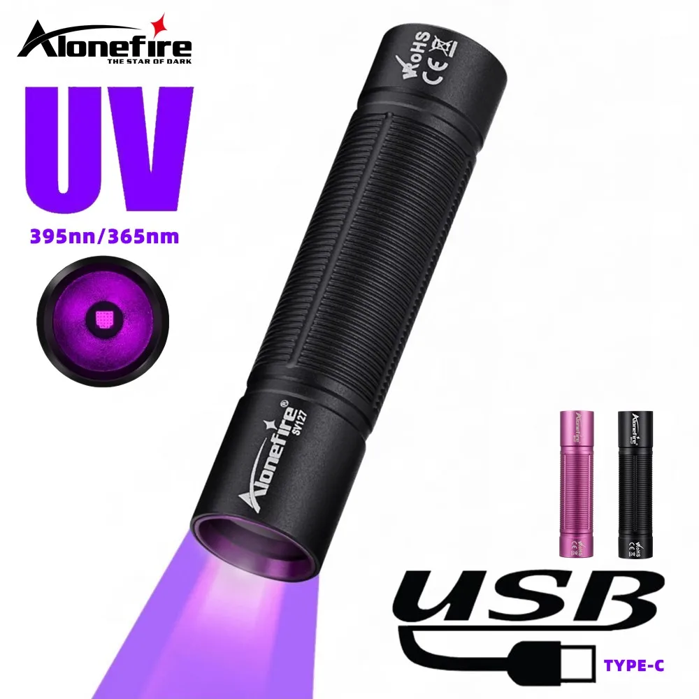 Mini 365nm UV Taschenlampe USB Aufladbare Ultraviolett Schwarzlicht Marker Katze Hund Urin Geld Fluoreszenz Detektor Licht Image
