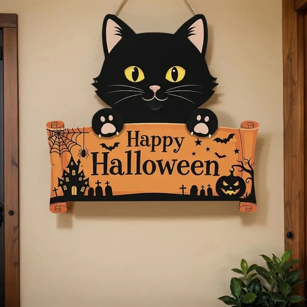 2D-Hängeschild aus Holz mit schwarzer Katze und fröhlicher Halloween, geeignet für Zuhause, Zimmer, Veranda, Caf É, Party, Urlaubsdekoration, Geschenke Image