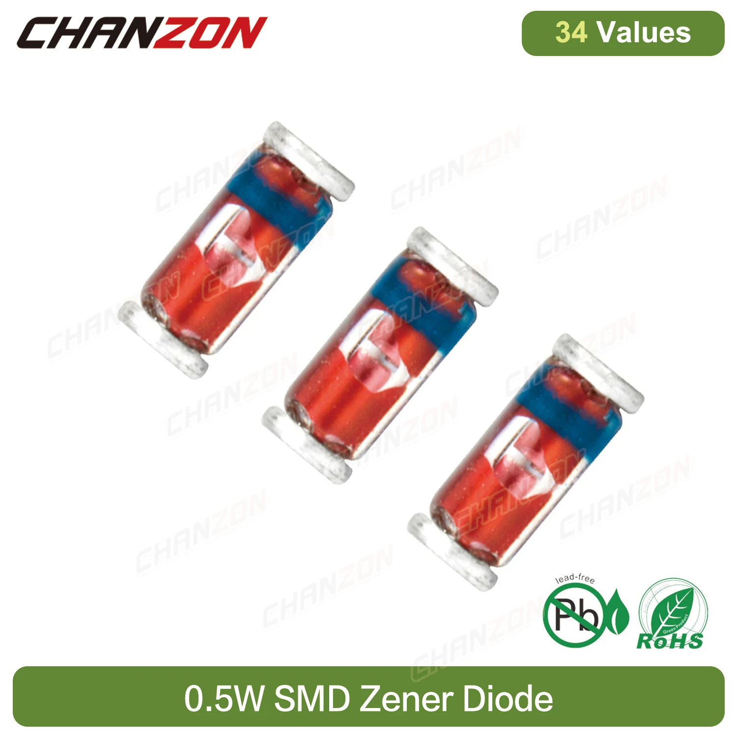 34 Werte 0,5 W SMD-Zener-Gleichrichterdioden-Kit 2 V 3 V 3,3 V 3,6 V 5,1 V 5,6 V 7,5 V 10 V 12 V 13 V 15 V 16 V 18 V 20 V 22 V 24 V 30 V 36 V 39 V 47 V Image