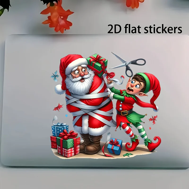 1 x Elf Laughing Santa Vinyl-Aufkleber – selbstklebend, glatte Oberfläche, Cartoon-Design mit Geschenken und Schneeflocken. Image