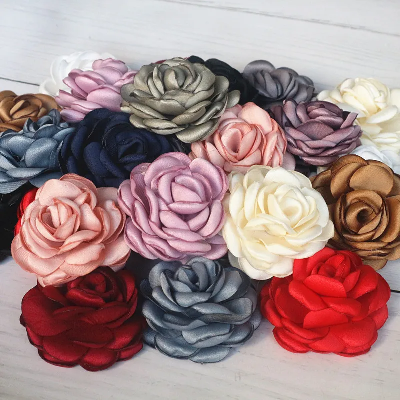 10 Teile/los 5CM Handgemachte Satin Rose Stoff Künstliche Blume Kopf Für Hochzeit Kleid Dekoration Haar Zubehör DIY Image