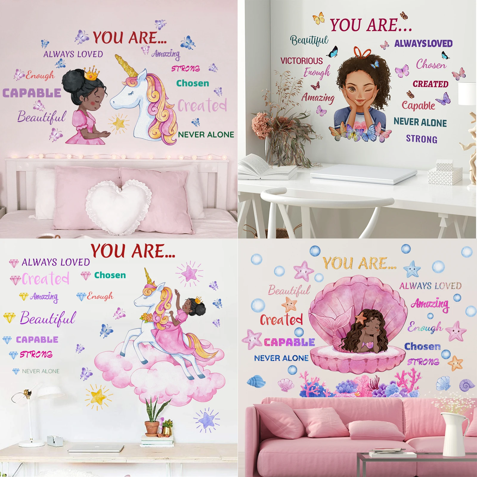 Schwarzes Mädchen Prinzessin Einhorn Meerjungfrauen Wandtattoo, Schmetterlingssterne Wandaufkleber, positive Kinderzimmerdekoration, Kinderzimmer Schlafzimmer