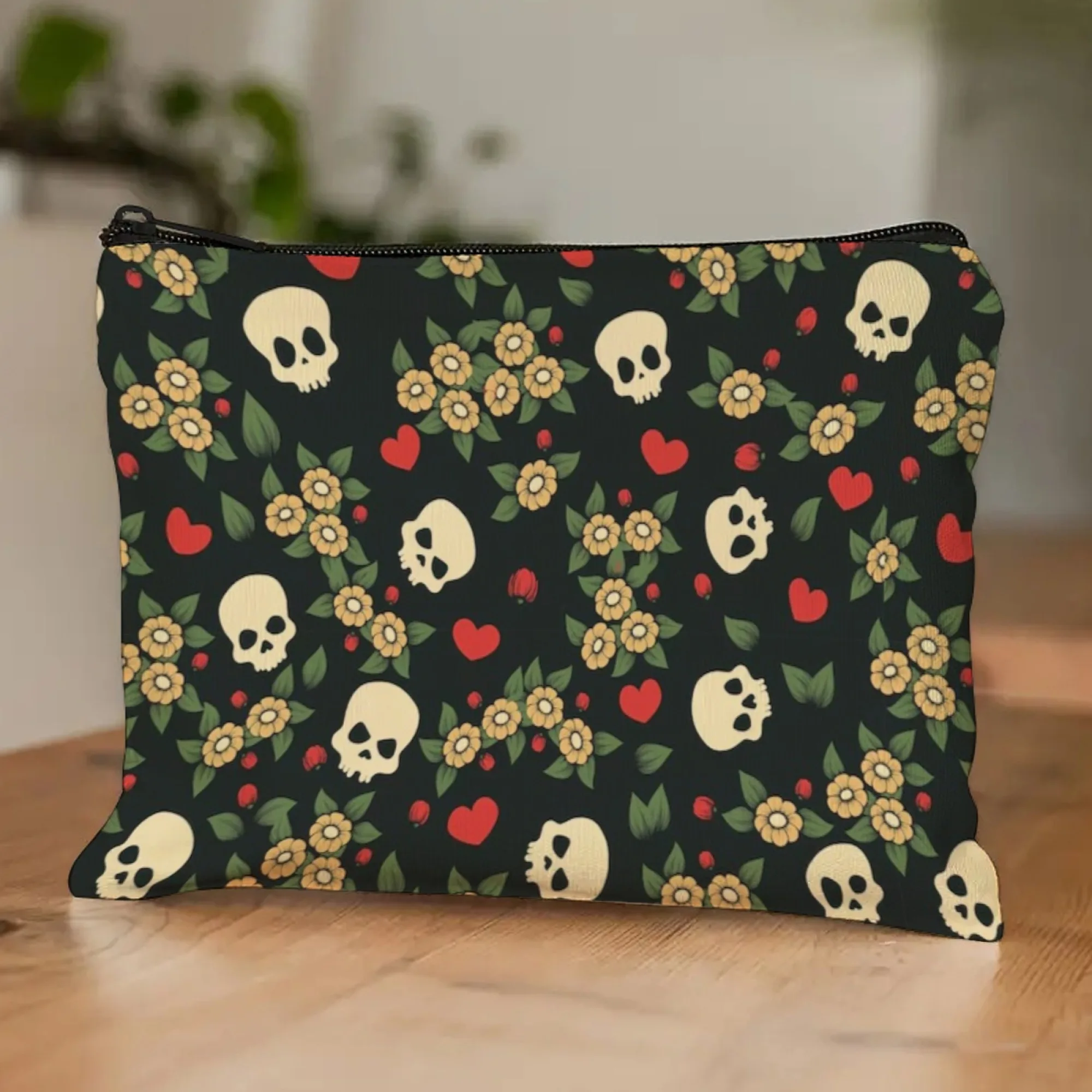 Day of The Dead Dunkle und süße schwarze Kosmetiktasche, Totenköpfe, gelbe Blumen, rote Herzen, grüne Blätter, Drucke, Festival, Partygebrauch