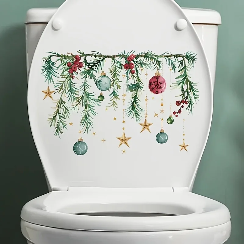 1 Stück weihnachtlicher festlicher Toilettendeckelaufkleber mit Tannengirlande, Beeren und Kugeln, selbstklebender Weihnachtsdekorationsaufkleber Image