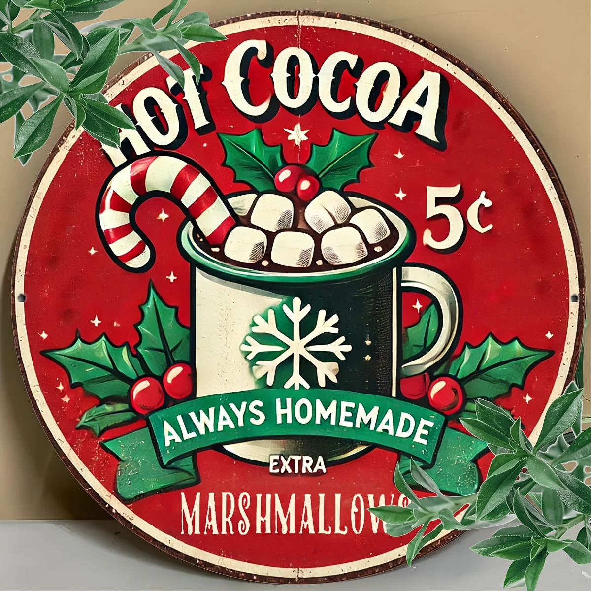 Vintage Christmas Hot Cocoa 5¢ Aluminiumschild, 1 Stück 20,3 x 20,3 cm, hausgemachtes Marshmallow-Thema, wasserdicht und rostfrei Image