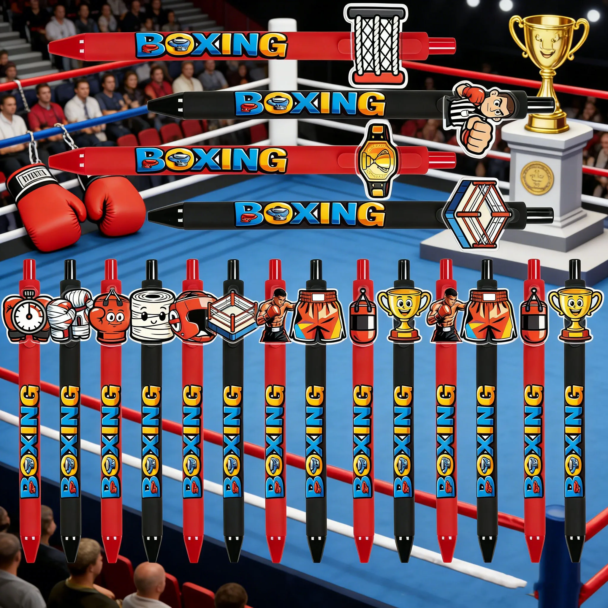 13er/18er-Set rote und schwarze Kugelschreiber mit Box-Motiv, für Büro, Unterschriften, Schüler, Hausaufgaben. Image