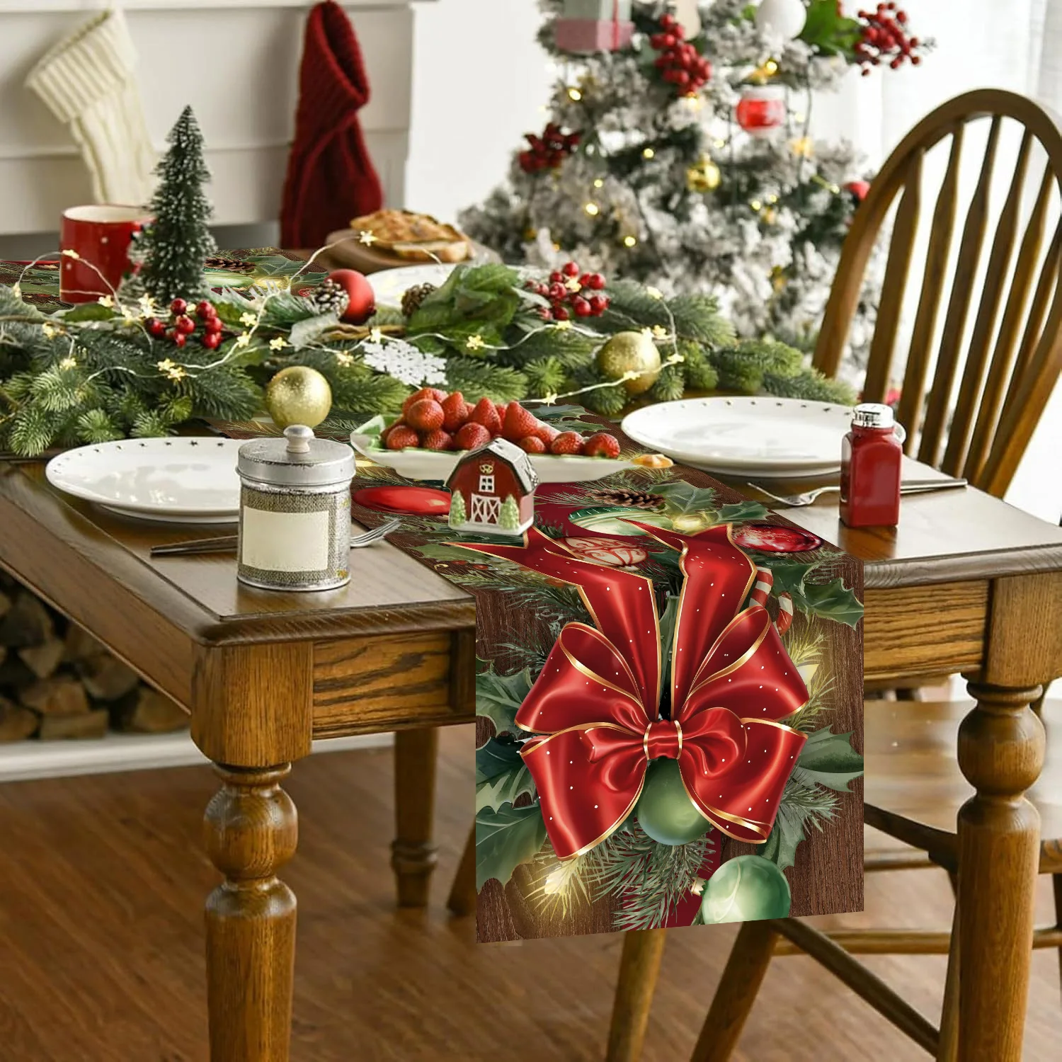 Weihnachts-Tischläufer, Weihnachtsdekoration für Zuhause, 2026, Weihnachts-Tischdecke, rote Schleife, Ball, Urlaub, Küche, Esszimmer, Navidad-Tischdekoration Image