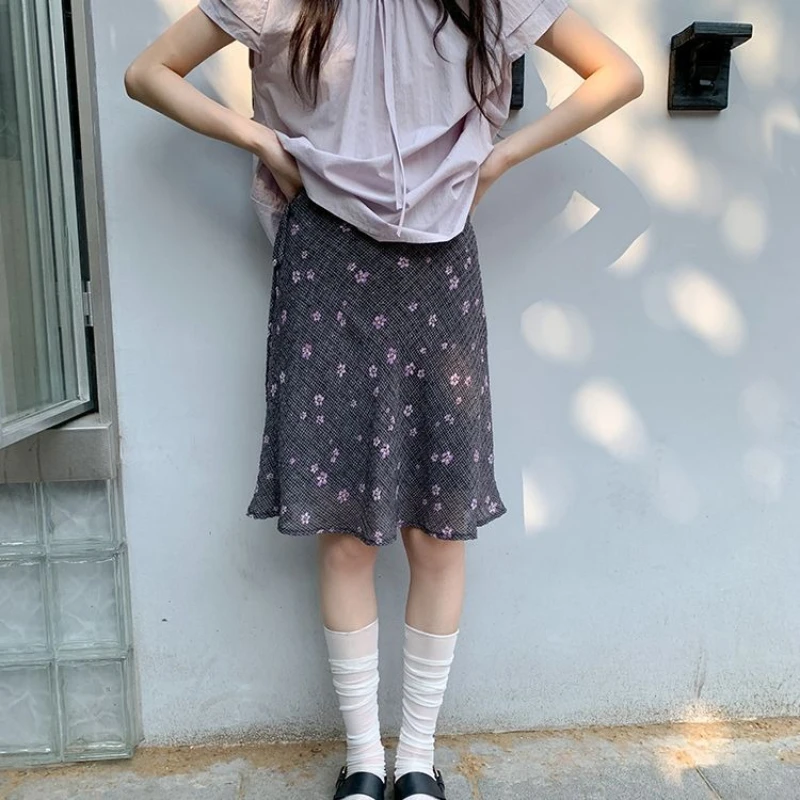 Deeptown Vintage Blumenrock Damen Japanischer Stil Elegant Sweet Mid Rock Schwarz Harajuku Y2k Mode Kurze Röcke Ästhetik Image