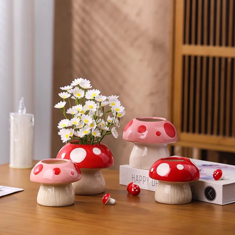 Kreative Rosa Pilz Hydrokultur Vase Ins Stil Keramik Blumentopf Dekorationen Make-Up Pinsel Stift Lagerung Halter Desktop Ornament Image