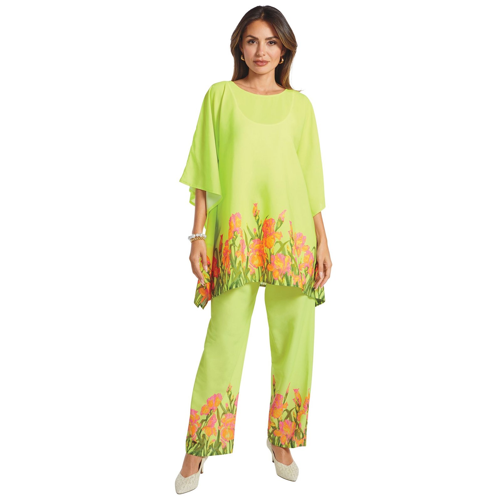 Masseys Poncho Pant Set (Size L) Lime/Pink Floral, Elastine,Polyester
