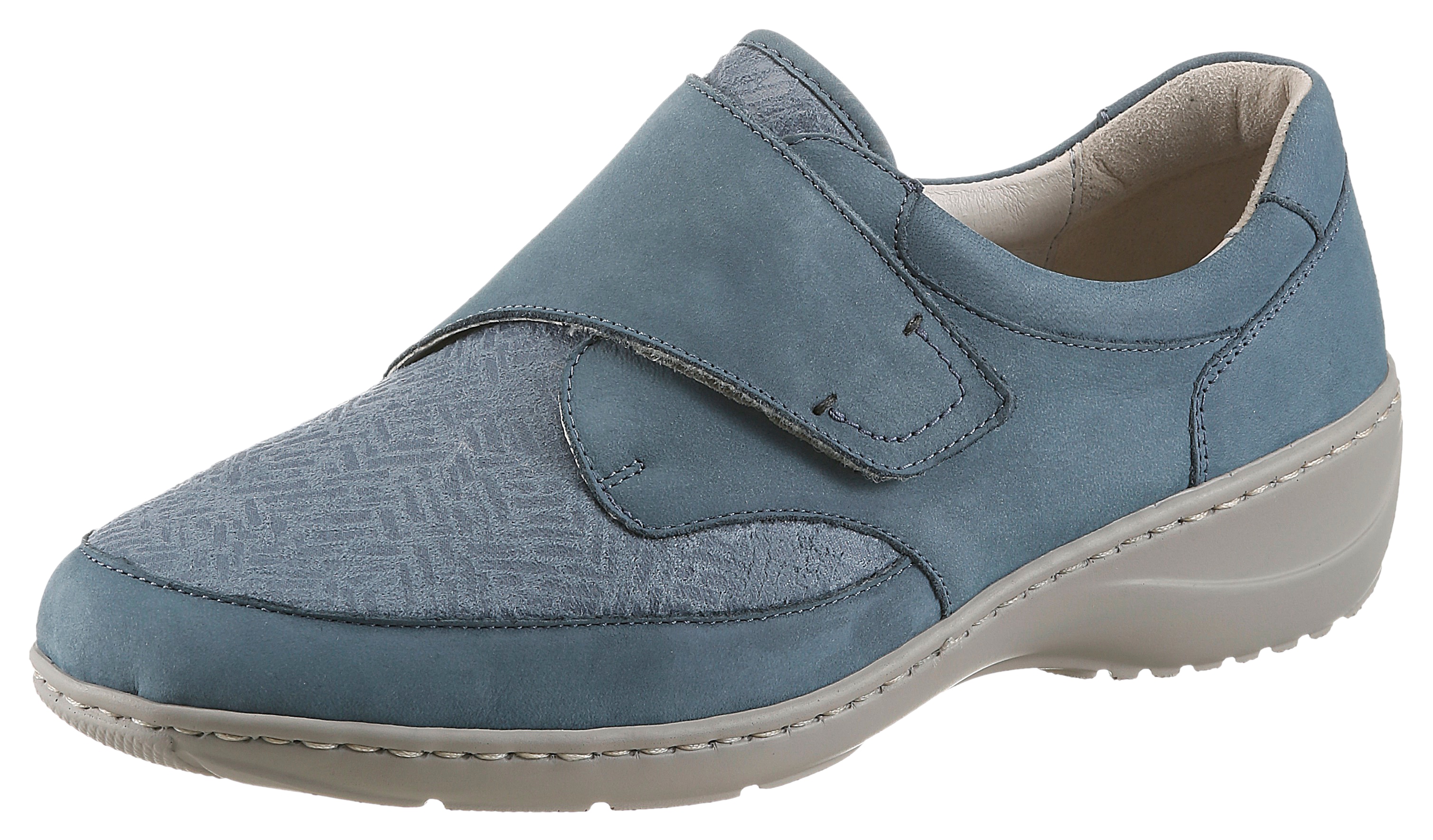 Klettschuh WALDLÄUFER "KYA-Soft", Damen, Gr. 8,5 (42,5), jeansblau, Nubukleder, Textil, Schuhe Klettschuh, Komfortschuh, Halbschuh in komfortable Weite K = extraweit