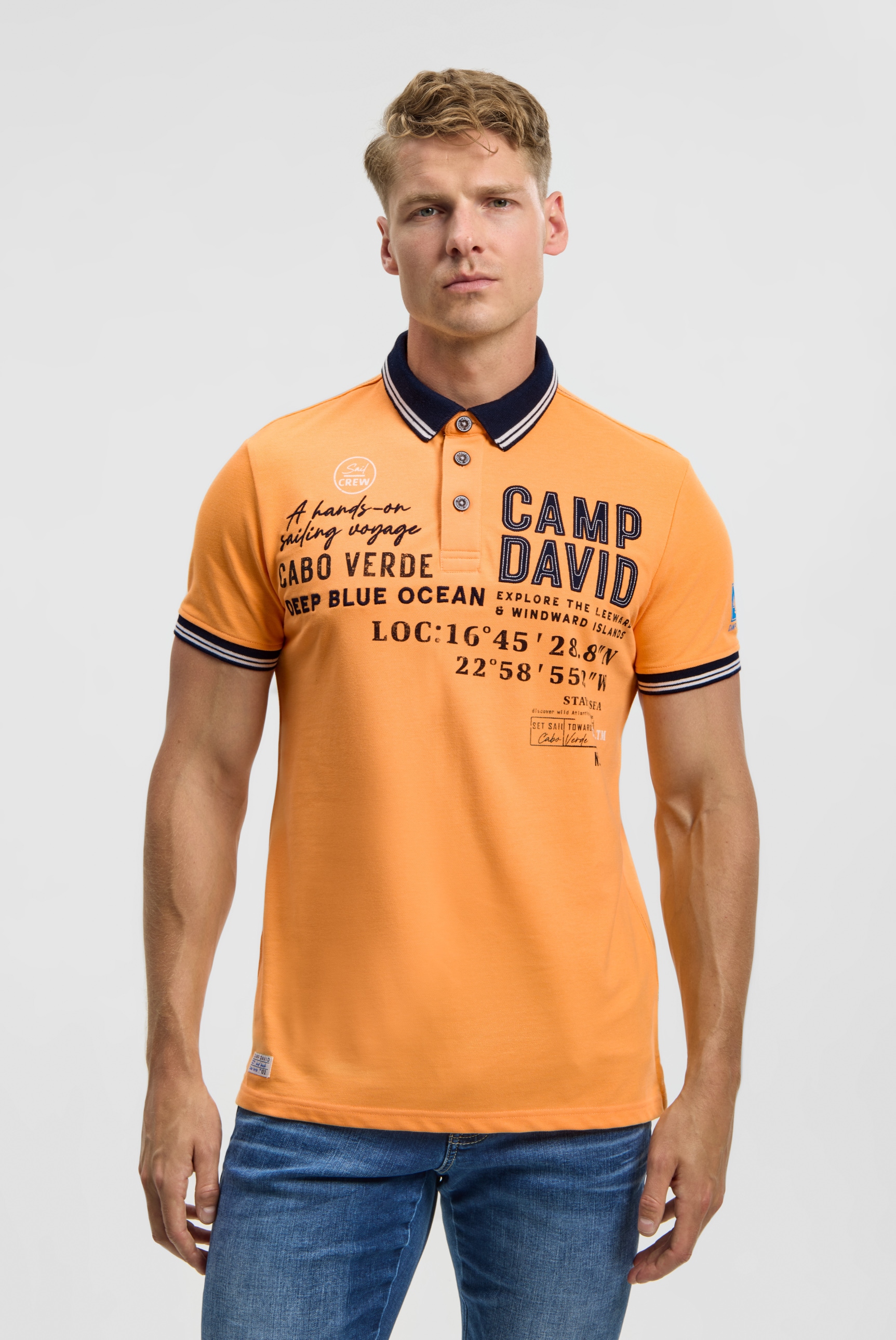 Poloshirt CAMP DAVID, Herren, Gr. 4XL, orange, Piqué, Material: 65% Polyester, 35% Baumwolle, bedruckt, bestickt, regular fit normal, hoch geschlossener Ausschnitt, eingesetzt Bündchen, Shirts, mit Seitenschlitze