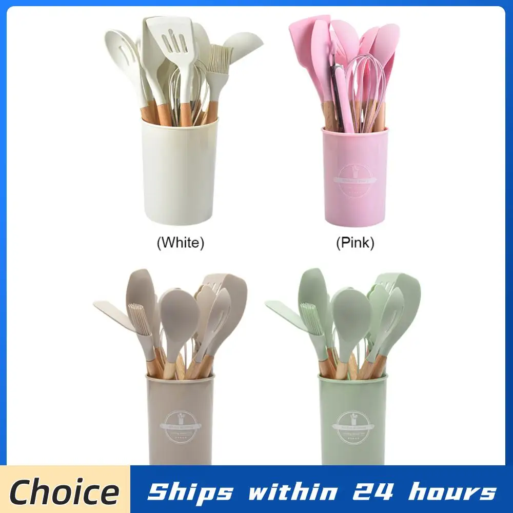 Ensemble d'ustensiles de cuisine 12 pièces, kit d'outils de cuisine, manche en bois, ustensiles de cuisine résistants à la chaleur, spatule, cuillère, brosse, fouet pour la cuisine à domicile