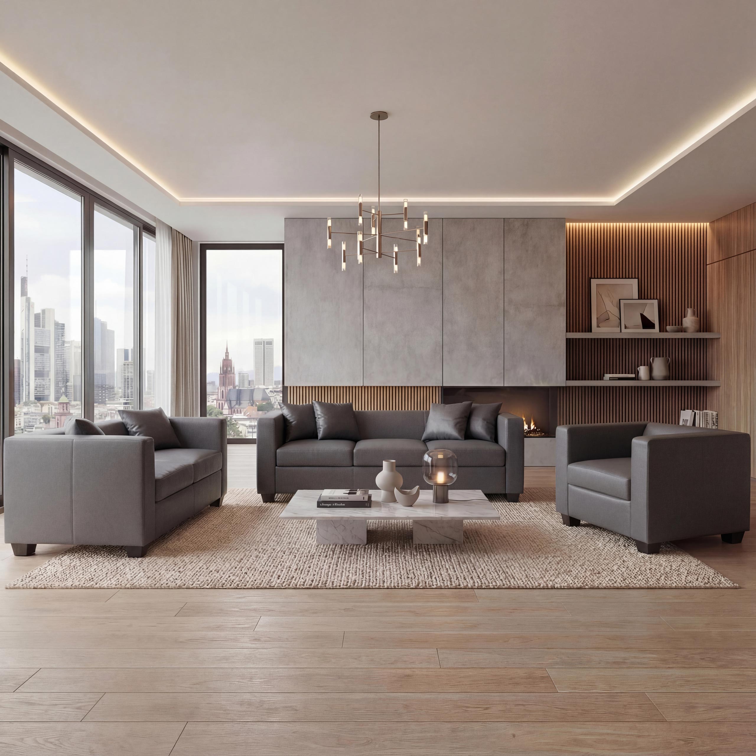 3-2-1 Sofagarnitur Couchgarnitur Loungesofa Lille ~ Kunstleder, dunkelgrau Image