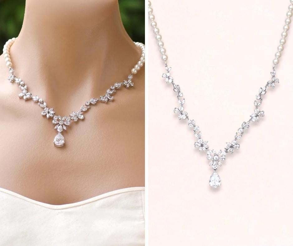 Collana da sposa in cristallo, collana di perle, gioielli da sposa in perle e cristallo, gioielli da sposa in perle e cristallo, gioielli da sposa in