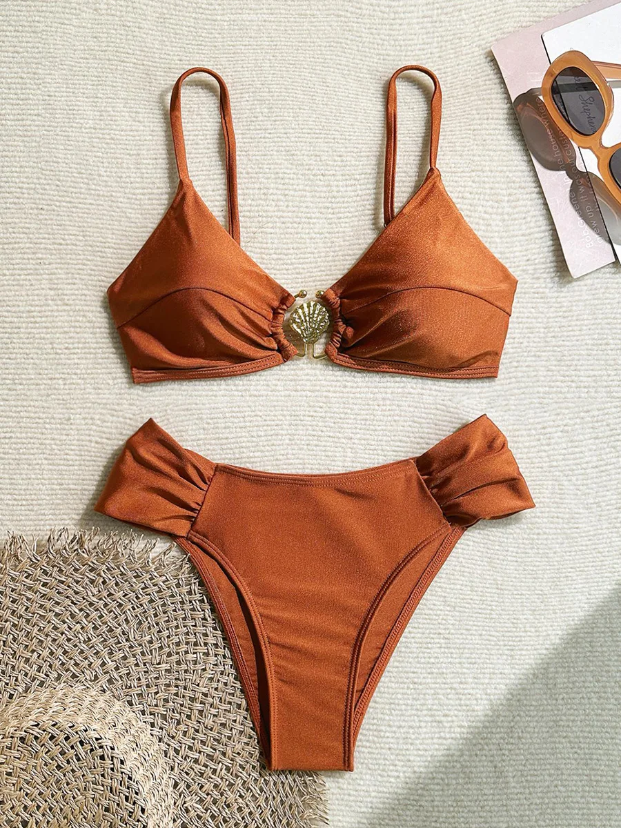 S - XL Metall Shell Halter Weiblichen Badeanzug Hohe Taille Bikini Frauen Bademode Zwei-stück Bikini set Badende Badeanzug schwimmen Dame Image