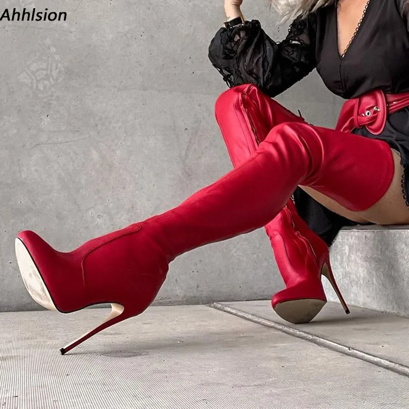 Ahhlsion Handgefertigte Damen-Frühlings-Oberschenkelstiefel, sexy Stiletto-Absätze, runde Zehen, schöne rote Party-Schuhe für Damen, US-Größe 5–20
