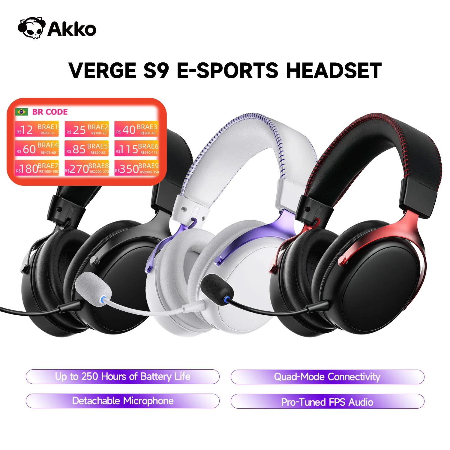 AKKO Verge S9 E-Sports Headset mit Mikrofon, Quad-Mode Gaming-Kopfhörer, 7.1-Kanal-Surround-Sound, Pro-Tuned FPS-Audio, 53-mm-Treiber Image